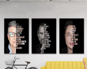 3 Citazioni motivazionali di Gates, Jobs e Musk | Tela | Arte murale | per ufficio e casa | XXL -Deco