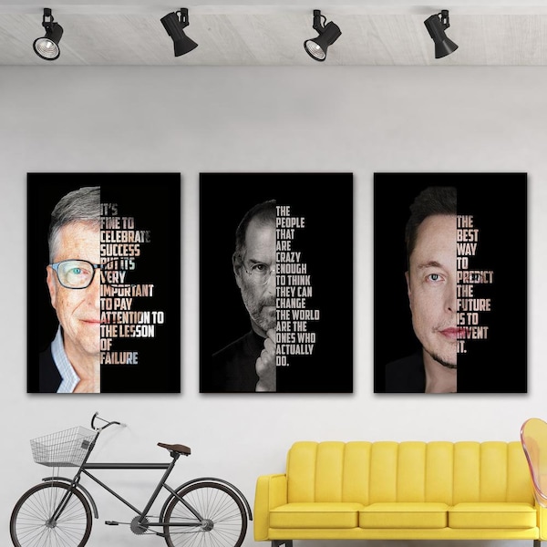 3 Motivierende Zitate von Gates, Jobs und Musk auf Leinwand von HH100 | für Büro & Zuhause |