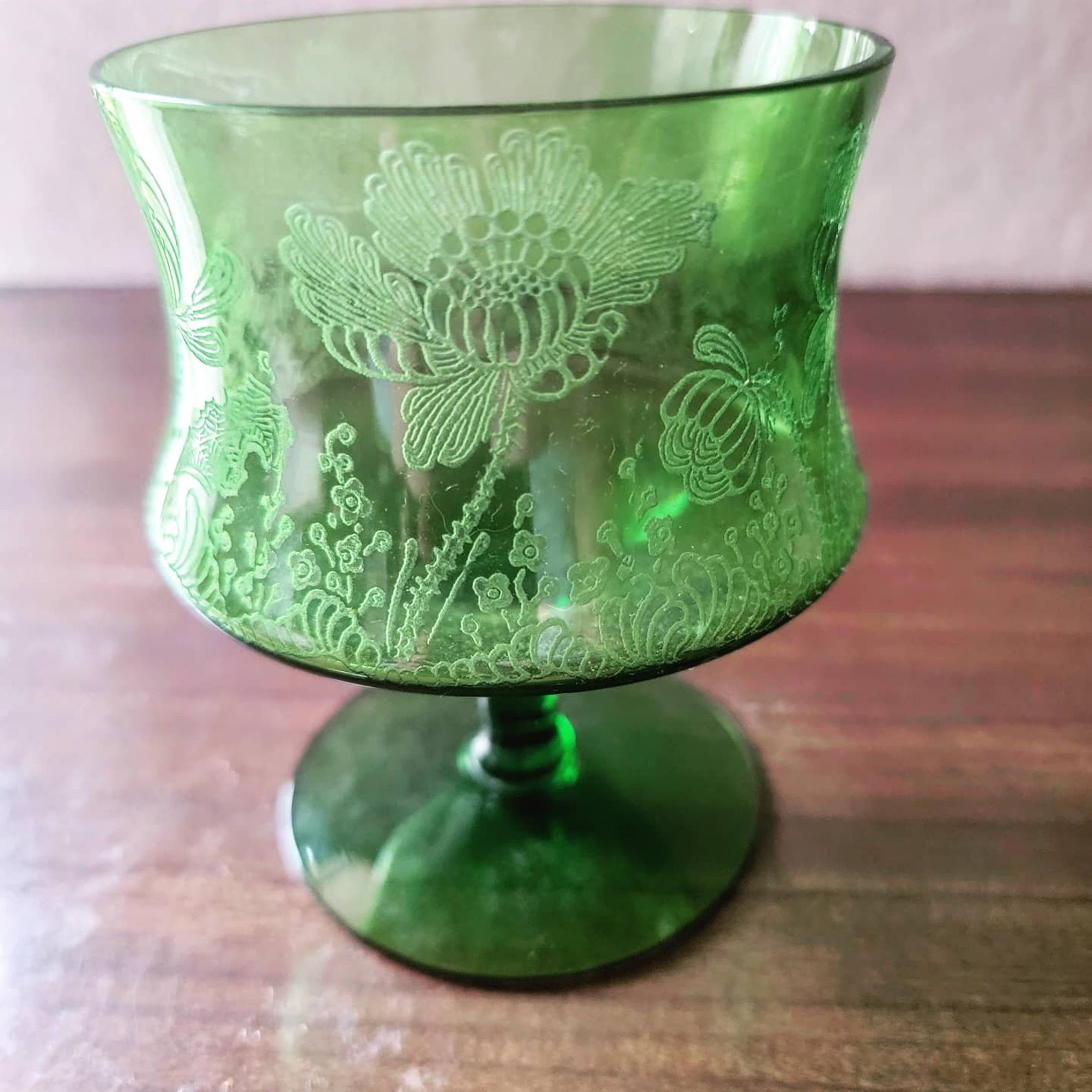 Vintage Etched Green Glass Goblet Etsy