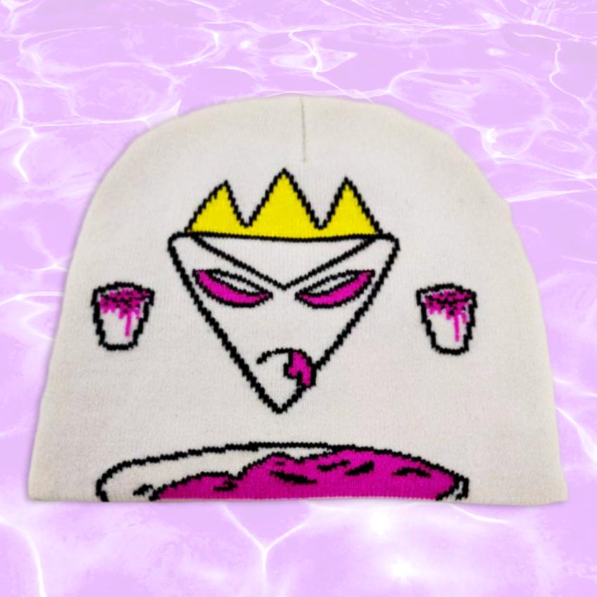 Purple Drank Lean Graphic Streetwear Knit Skull Cap Personalized Y2K Unisex Winter Beanie Hat for Men and for Women White