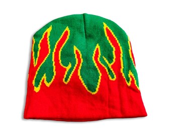 Fire Flames grafische streetwear gebreide schedeldop gepersonaliseerde Y2K unisex wintermuts voor heren en dames groen