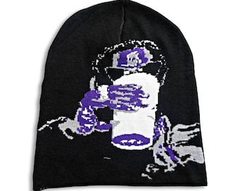 Bonnet d'hiver en tricot pourpre Drank Lean graphique Streetwear personnalisé Y2K unisexe pour homme et femme Noir