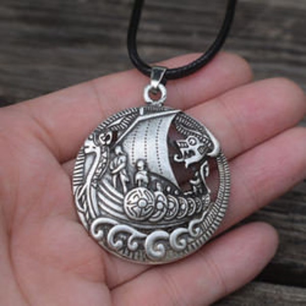Unique Round Dragon Ship Pendant necklace Viking Ship Pendant  Necklace