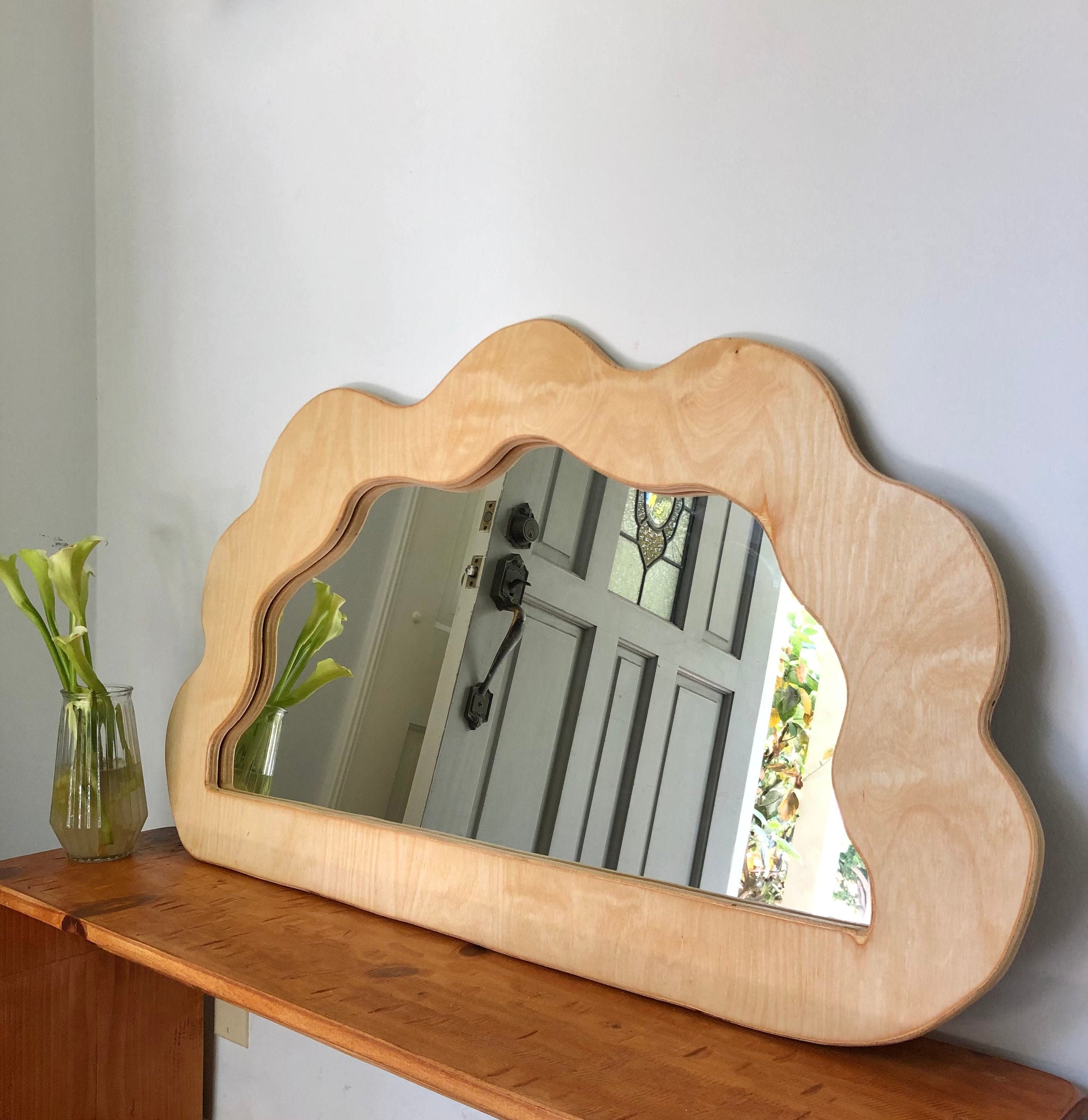 Miroir de Nuages en Bois Fabriqué à La Main avec Support Mural