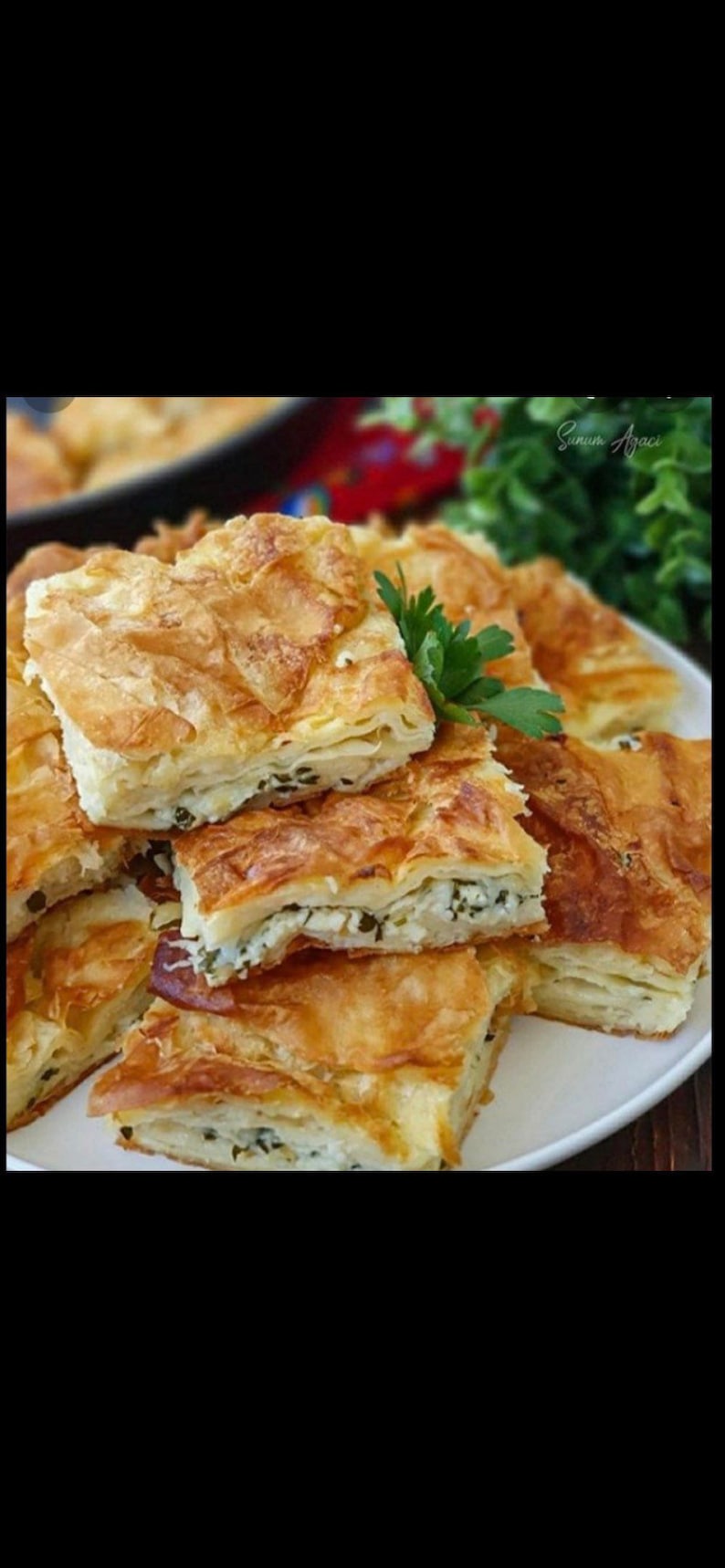 May include: A plate of golden brown, flaky pastry squares filled with cheese and herbs. The pastry is arranged in a stack, with some pieces overlapping. There is a sprig of parsley on top of the pastry.