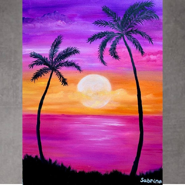 Coucher de soleil rose violet avec peinture à l’huile de palmiers sur toile, peinture de l’océan, peinture tropicale, coucher de soleil des Caraïbes,