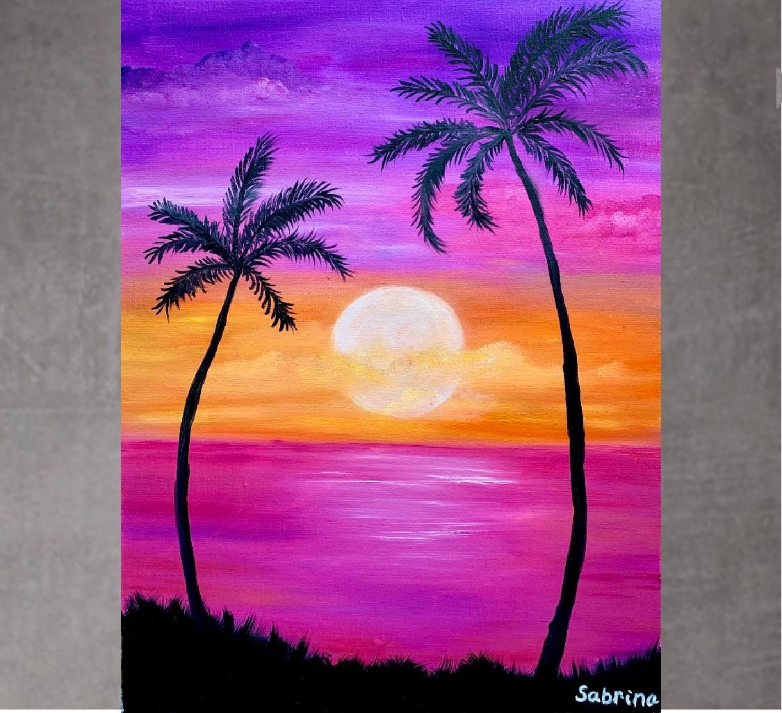 ピンク紫の夕日とヤシの木の油絵、キャンバス、海の絵、熱帯の絵