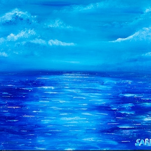 Seascape painting, blue ocean painting with clouds, sea painting, ocean art, oil painting handmade, landscape painting