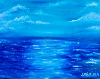 絵画　海の風景 海の風景画、雲のある青い海の絵、海の絵、海のアート、手作りの