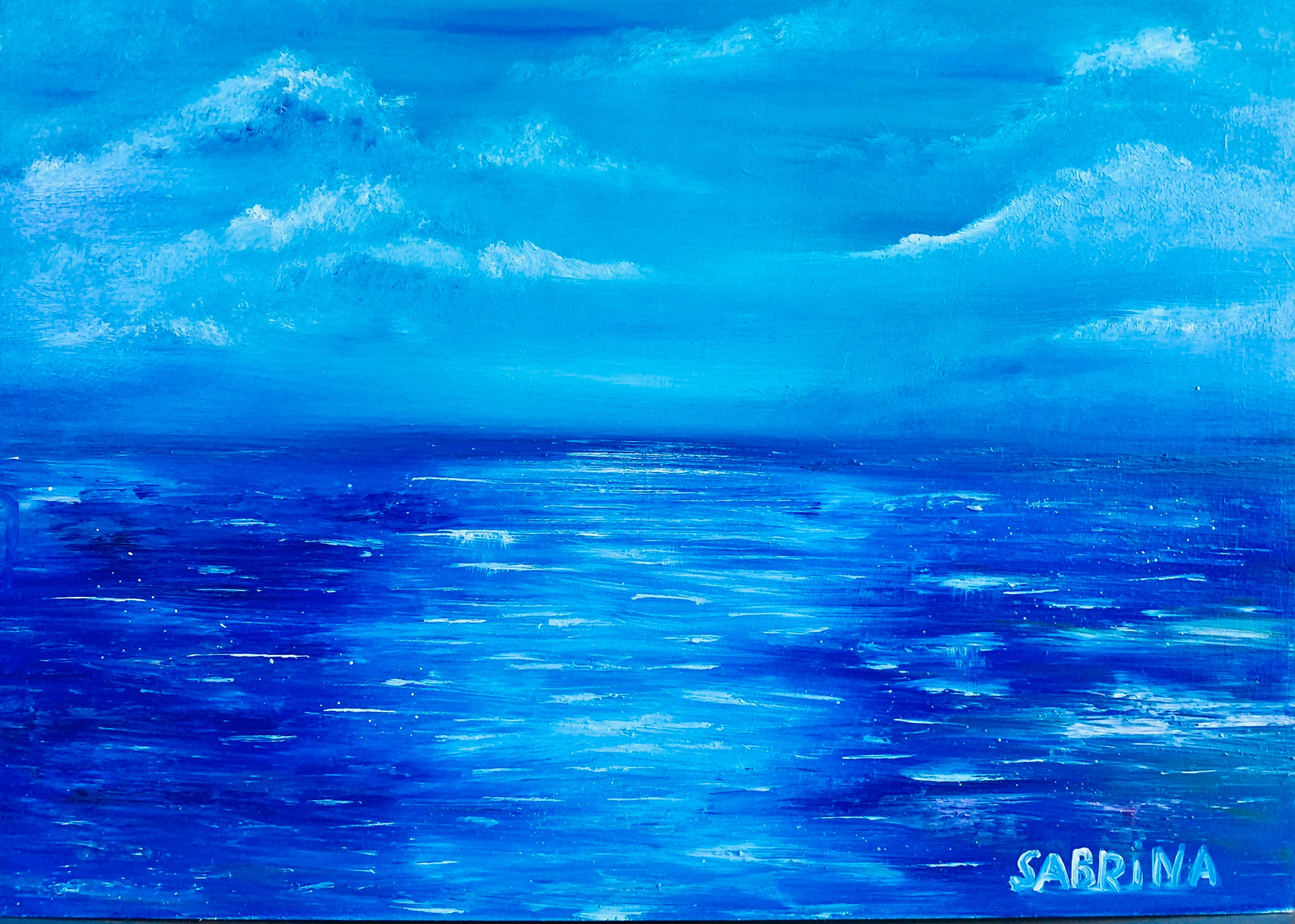 海の風景画、雲のある青い海の絵、海の絵、海のアート、手作りの