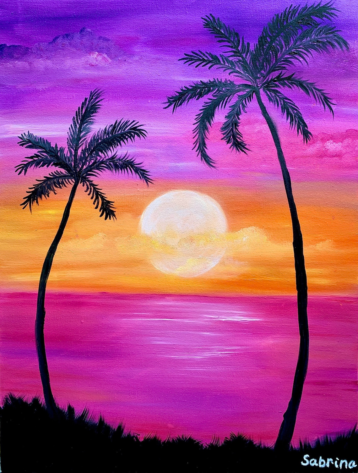 Pink Purple Sunset With Palm Trees Oil Painting on Canvas, Ocean