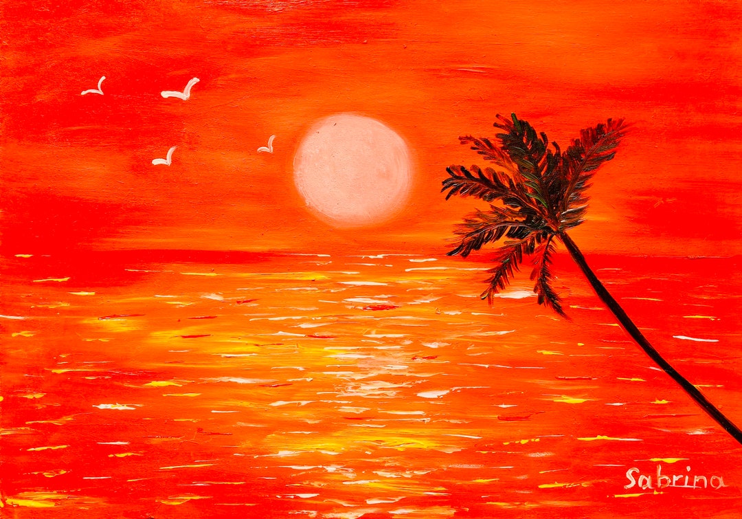 Seascape Painting, Orange Painting, Sunset Painting With Palm Tree