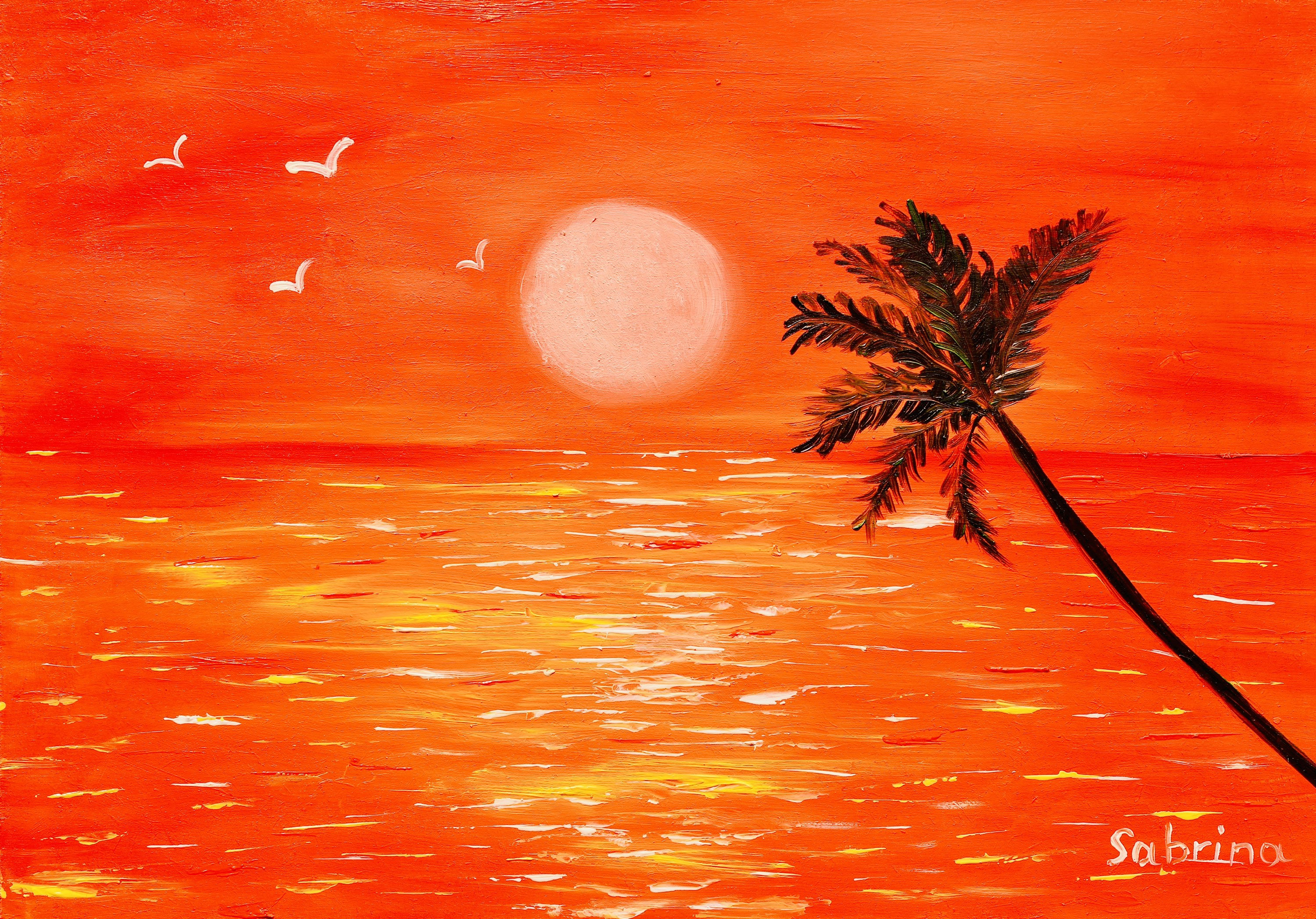 Seascape Painting, Orange Painting, Sunset Painting With Palm Tree