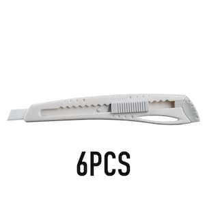 May include: A white utility knife with a retractable blade. The knife has a textured grip and a sliding mechanism for blade extension. The text "6PCS" is displayed in bold, black font below the knife.