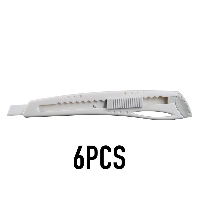 May include: A white utility knife with a retractable blade. The knife has a textured grip and a sliding mechanism for blade extension. The text "6PCS" is displayed in bold, black font below the knife.