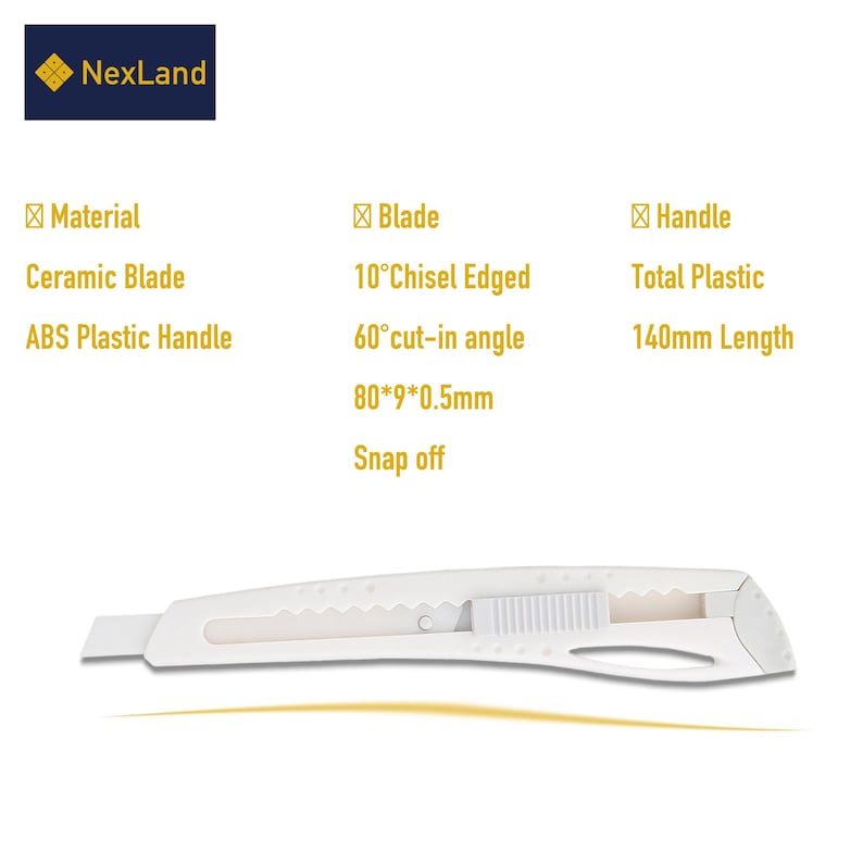 May include: A white utility knife with a ceramic blade and ABS plastic handle. The blade has a 10-degree chisel edge and a 60-degree cut-in angle. The knife is 140mm long. The blade is 80mm x 9mm x 0.5mm and snap-off.