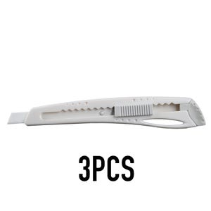 May include: A white utility knife with a retractable blade. The knife has a textured grip and a sliding mechanism for blade extension. The text "3PCS" is displayed in bold, black font below the knife.