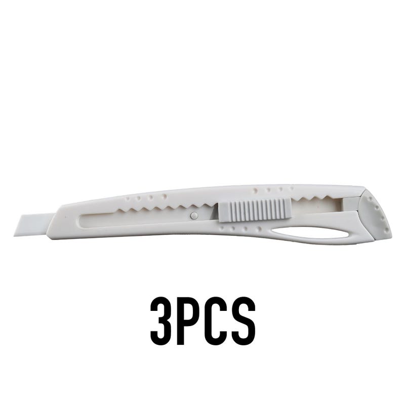 May include: A white utility knife with a retractable blade. The knife has a textured grip and a sliding mechanism for blade extension. The text "3PCS" is displayed in bold, black font below the knife.