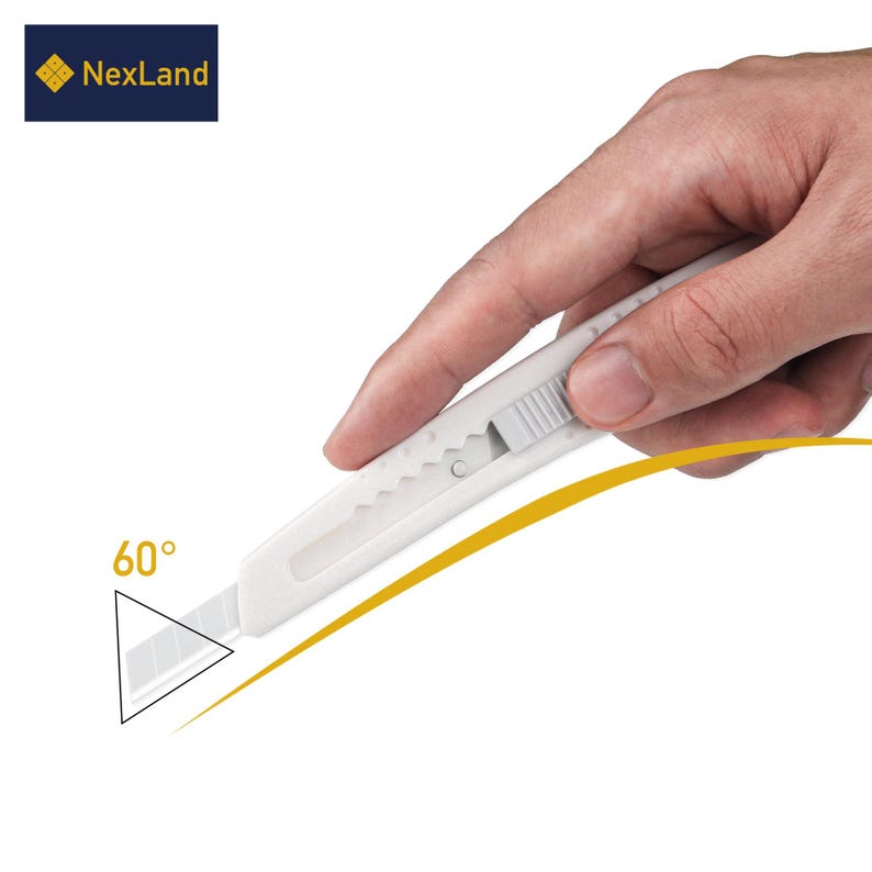May include: A white utility knife with a retractable blade, held at an angle. The blade is angled at 60 degrees. The NexLand logo is in the upper left corner. A yellow curved line is in the background.