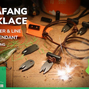 May include: An advertisement for the Cerafang Necklace, a fir starter and line cutter pendant. The image features the necklace with a brown leather cord, metal pendant, and a fishing lure. Text includes "Just launched" and "Live on Kickstarter."