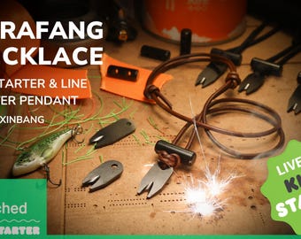 May include: An advertisement for the Cerafang Necklace, a fir starter and line cutter pendant. The image features the necklace with a brown leather cord, metal pendant, and a fishing lure. Text includes "Just launched" and "Live on Kickstarter."