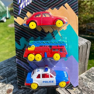 1995 Maisto My Very First Wheels 3-Pack VW Beetle, Ladder Fire Truck & Police Car 1:64 Scale