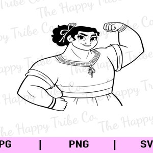 May include: Black and white line art illustration of a woman flexing her bicep. She is wearing a long-sleeved dress with a decorative neckline.