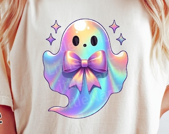 Halloween iriserende geest png, halloweenshirt, roze Halloween png, spook png, coquette Bow png, herfst png, sublimatieontwerp