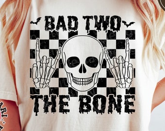 Bad Two The Bone SVG: Retro Halloween Skeleton Rock On Hand (Digital Files)