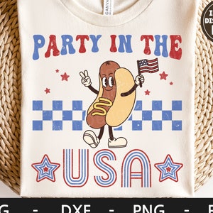 Party in the USA svg, America, Hot dog Cartoon Character, 4th of july shirt, Retro Character, dxf, png, eps, archivos svg para cricut