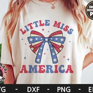 Little Miss America svg, American Girly svg, 4 de julio svg, Retro svg, Patriotic svg, Coquette, Bow, dxf, png, eps, archivos svg para cricut