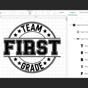 May include: Black and white graphic design of a circle with the text "TEAM FIRST GRADE" inside. The text is in a bold, blocky font. There are five stars around the circle.