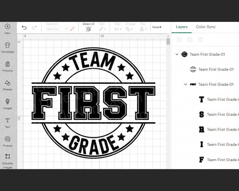 May include: Black and white graphic design of a circle with the text "TEAM FIRST GRADE" inside. The text is in a bold, blocky font. There are five stars around the circle.