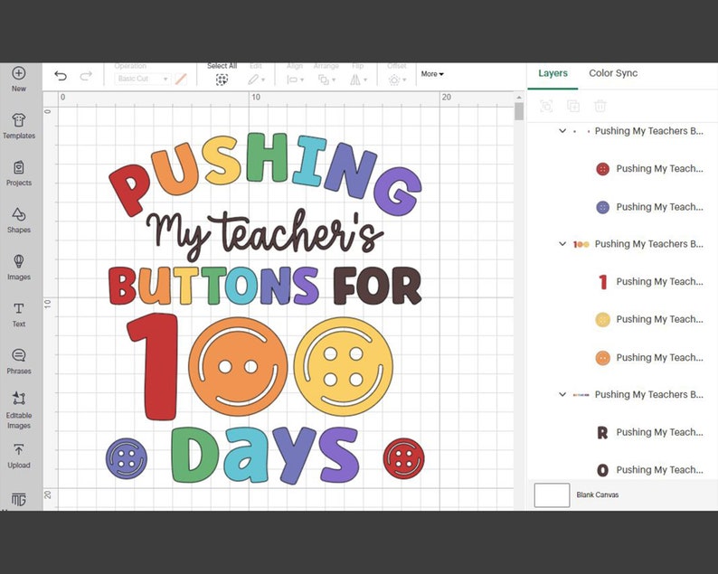 Pode incluir: Um design colorido para uma celebra&ccedil;&atilde;o de 100 dias de escola. O texto diz "Pushing My Teacher's Buttons for 100 Days". O design apresenta letras e bot&otilde;es arco-&iacute;ris.