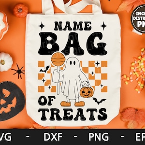 Tasche mit Leckereien svg, Geist svg, Retro svg, Süßes oder Saures svg, benutzerdefinierte Kinder Name svg, Halloween svg, Dxf, png, eps, svg-Datei für Cricut