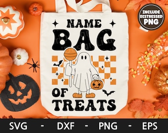 Bag of Treats svg, Ghost svg, Retro svg, Trick or Treat svg, Custom Kids Name svg, Halloween svg, dxf, png, eps, svg file for cricut