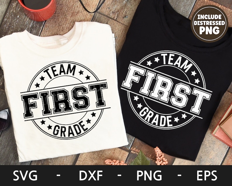 May include: Two white and black t-shirt designs with a black and white circle graphic that says "Team First Grade".