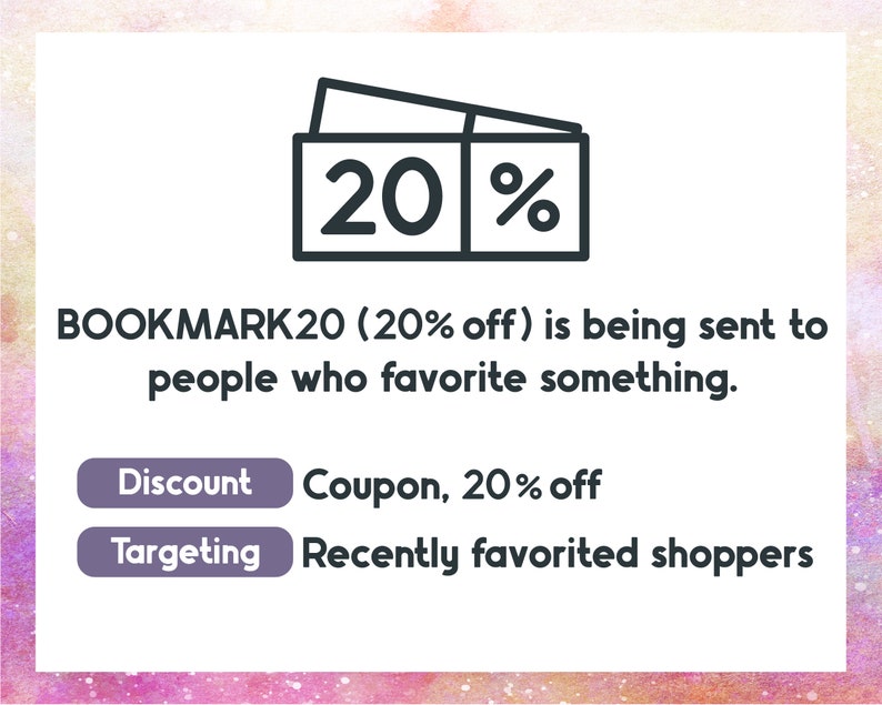 Pode incluir: Um gr&aacute;fico mostrando um c&oacute;digo de cupom de 20%, BOOKMARK20, sendo enviado para pessoas que recentemente adicionaram itens aos seus favoritos. O texto "Cupom, 20% de desconto" e "Compradores que recentemente adicionaram itens aos seus favoritos" &eacute; exibido abaixo do gr&aacute;fico.