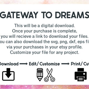 May include: A digital download graphic with the text "GATEWAY TO DREAMS". The graphic explains that the purchase is a digital download and includes instructions on how to download the files. The graphic also includes icons for download, edit/customize, and print/cut.
