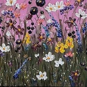May include: A vibrant painting depicting a field of wildflowers in shades of purple, pink, yellow, and white. The flowers are painted in a loose, impressionistic style, with a focus on capturing the beauty of the natural world.
