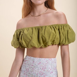 Women's Light Olive Green Cropped, Off the Shoulder Blouse Top for Spring, Summer, Resort Wear, Vacation Outfit