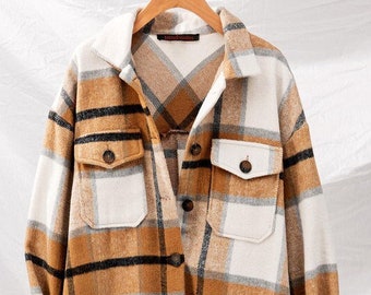 Camel, Brown, Plaid Flannel Fall Winter Shacket