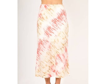 Pink/White Tie Dye Satin Midi Slip Skirt