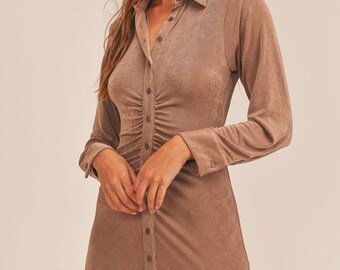 brown ruched button up dress Mocha Brown Ruched Button Front Mini Shirt Dress