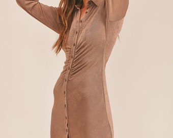 brown ruched button up dress EVEREVE Women's Cam Ruched Mini Dress, Size XL, Brown main image 1