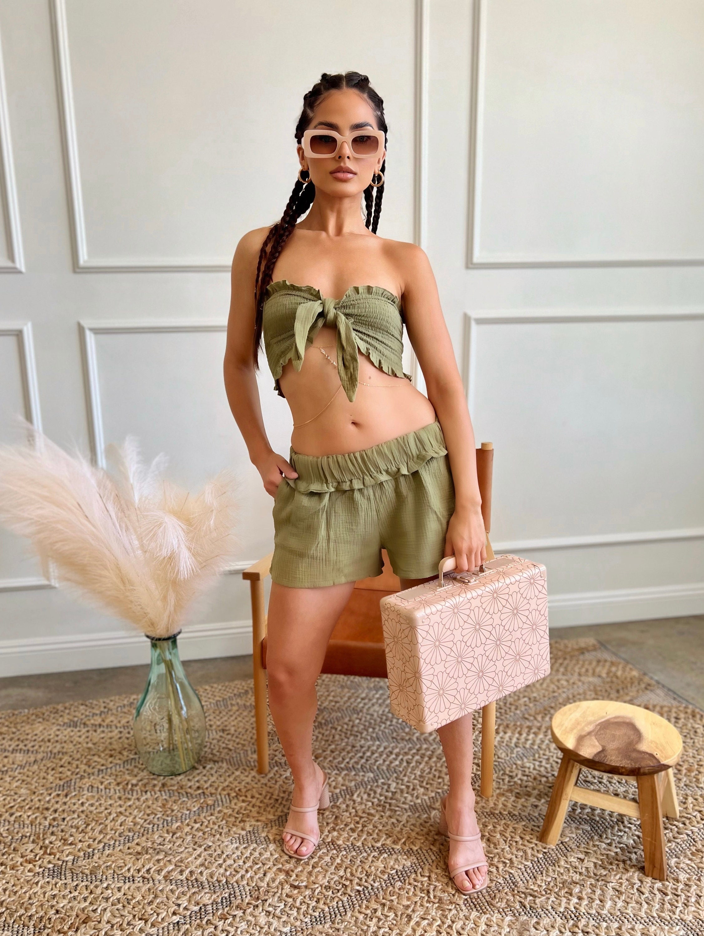 VERY J Quilted Washed Crop Top and Shorts Set