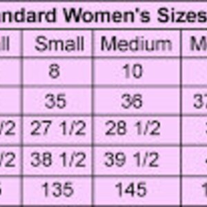 May include: A chart showing standard women's clothing sizes in the US, with corresponding numerical sizes, bust, waist, hip measurements in inches, and estimated weight in pounds.