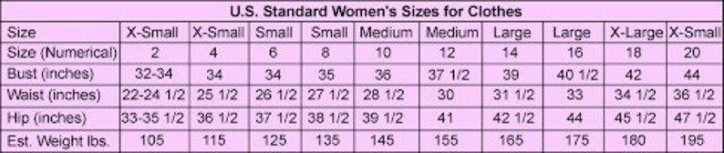 May include: A chart showing standard women's clothing sizes in the US, with corresponding numerical sizes, bust, waist, hip measurements in inches, and estimated weight in pounds.