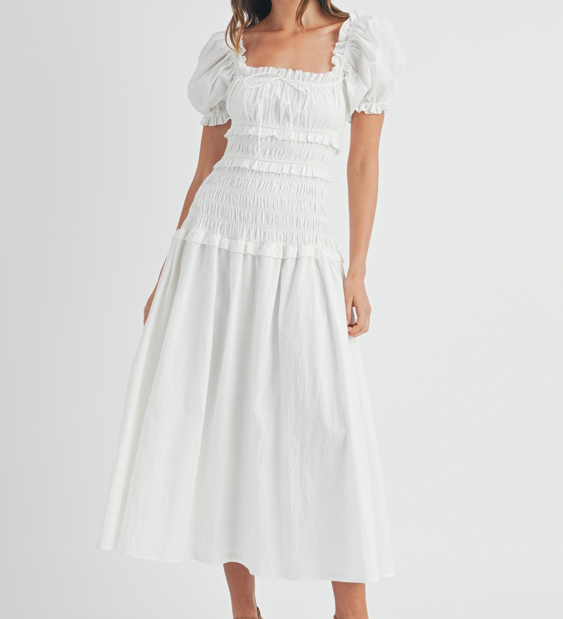 Off White Poplin Smocked Tiered Drop Waist Midi Summer Dress