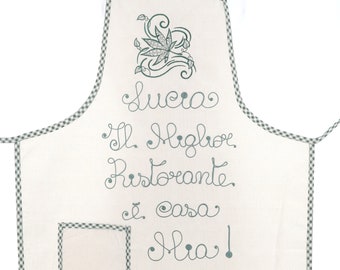 Personalized Kitchen Apron with Handmade Embroidered Leaf Various Colors Gift Idea 100% Cotton Made in Italy